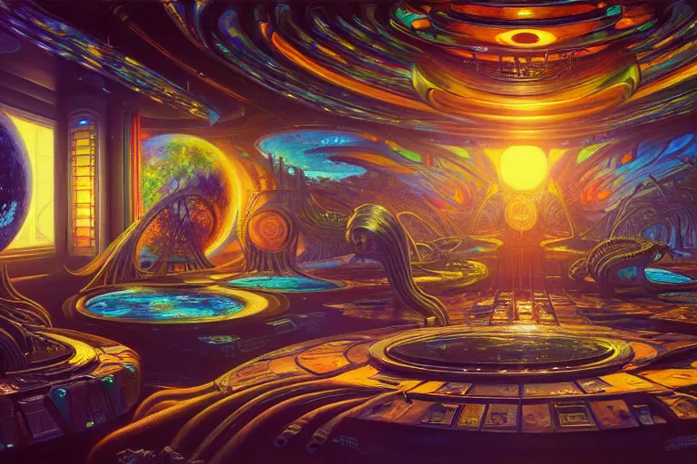 Prompt: a beautiful painting of an elaborate utopian sci - fi scene painted by hr giger and bosch and lisa frank, mural in a fancy house, detailed, unreal engine, 4 k octane render, raytracing, volumetric lighting, epic, shadows, reflections, massive structures