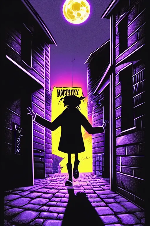 Prompt: a photorealistic vintage goosebumps cover art style illustration of a monster coming out of a garbage can in a dark alley way at night with moonlight casting shadows.