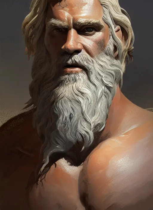 Image similar to painted portrait of rugged zeus, god of thunder, greek god, white hair, masculine, mature, handsome, upper body, muscular, hairy torso, fantasy, intricate, elegant, highly detailed, digital painting, artstation, concept art, smooth, sharp focus, illustration, art by gaston bussiere and craig mullins