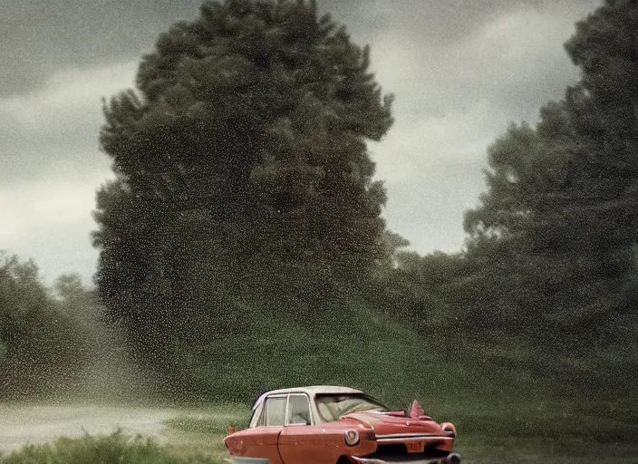 Image similar to A very high resolution image from a new movie, landscape from a car window , teen red hair woman, raining, hot, directed by wes anderson