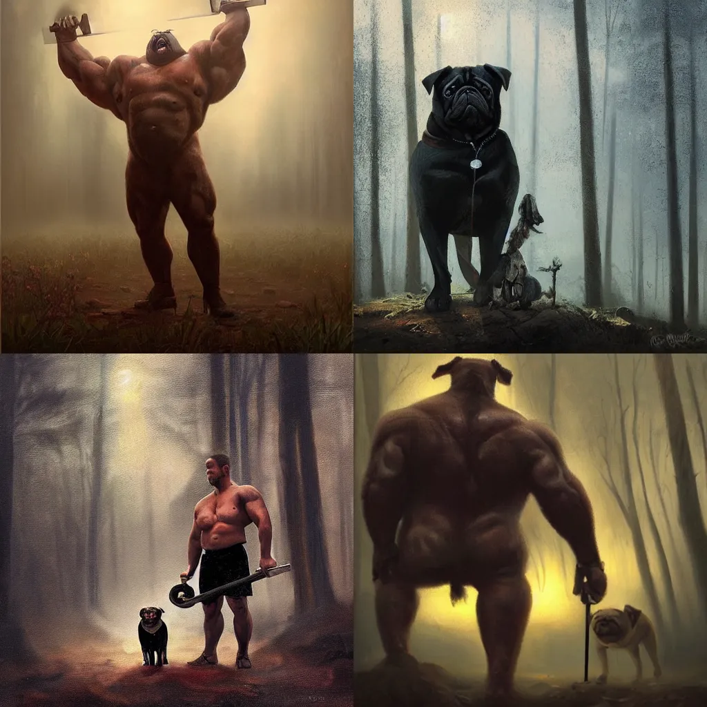 Prompt: oil painting portrait , backlight epic pose muscular dark powerlifter mutant oversized pug is wearing bloody medieval armor , moody forest foggy background and sunset backlight by greg rutkowski