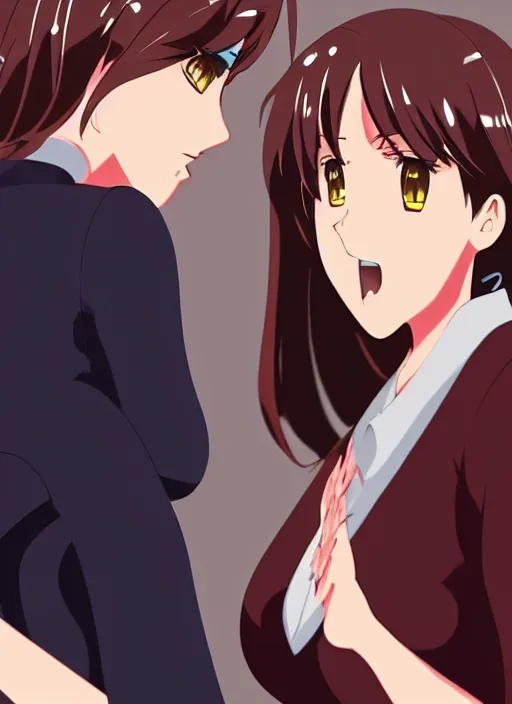 Image similar to two beautiful mothers face to face taunting each other, office clothes, gorgeous faces, smooth, cinematic lighting, detailed anime art