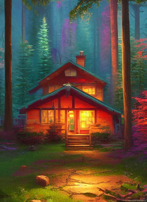 Prompt: colorful digital illustration of cabin in the woods, by makoto shinkai and thomas kinkade and james gilleard, pixar style, beautiful matte painting, high detail, heavenly glow, colorful, octane render, 4 k hd wallpaper