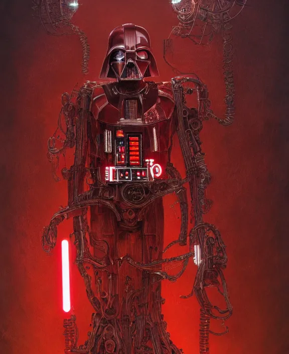 Image similar to a red steampunk darth vader with mechanical tendrils resembling spinal columns extending from his body, by HR Giger and Beksiński and Stephan Martiniere , 4k resolution, detailed, trending on artstation