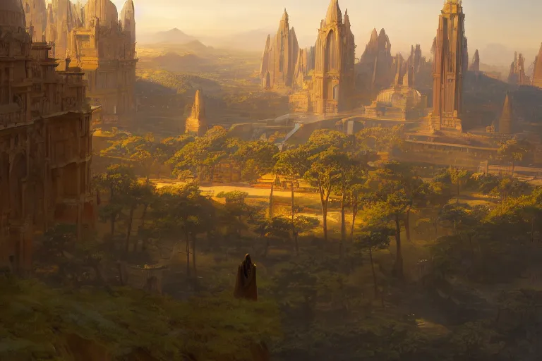 Image similar to naboo, matte painting, long shot, concept art, wide shot, digital art, trending on artstation, 4 k, extremely detailed, realistic, midday, warm colors, golden sunlight, by greg rutkowski, cinematic, epic