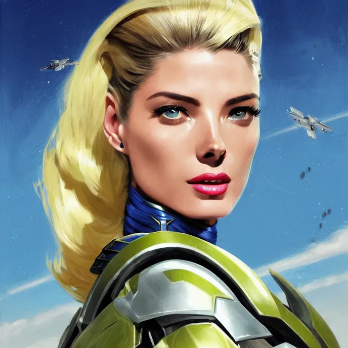 Image similar to A combination of Adriana Dxim's and Grace Kelly's and Ashley Greene's appearances with blonde hair wearing Interceptor's armor from Anthem, countryside, calm, fantasy character portrait, dynamic pose, above view, sunny day, thunder clouds in the sky, artwork by Jeremy Lipkin and Giuseppe Dangelico Pino and Michael Garmash and Rob Rey and Greg Manchess and Huang Guangjian, very coherent asymmetrical artwork, sharp edges, perfect face, simple form, 100mm