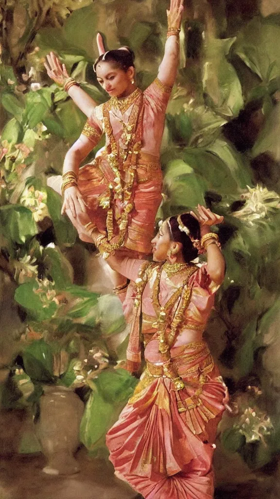 Image similar to a rabbit doing bharatanatyam in botanical room by john singer sargent, cinematic, detailed