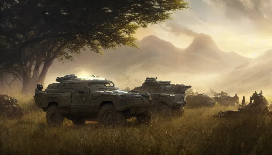 Image similar to a militarised suv designed by apple driving through african savanna, artgerm and greg rutkowski and alphonse mucha, an epic fantasy, volumetric light, detailed, establishing shot, an epic fantasy, trending on art station, octane render, midsommar