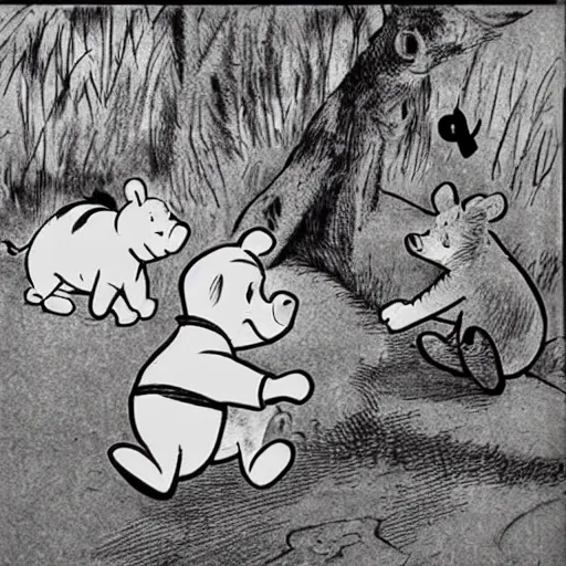 Image similar to winnie the pooh pulls piglet out tigger. a portable x - ray is nearby.