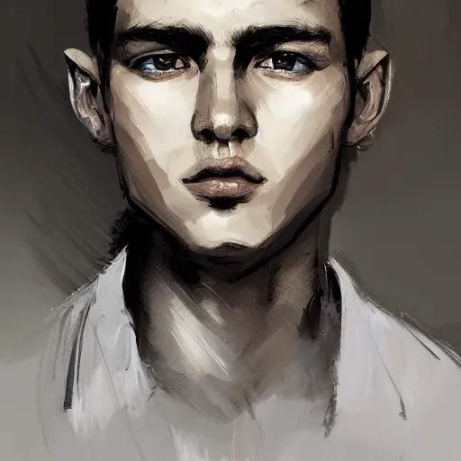 Image similar to Portrait of a man by Greg Rutkowski, he is about 20 years old, polish, short blonde hair with bangs, attractive, smart looking, slim, somewhat androgenic, he is wearing a white and black utilitarian jumpsuit, highly detailed portrait, scifi, digital painting, artstation, concept art, smooth, sharp foccus ilustration, Artstation HQ