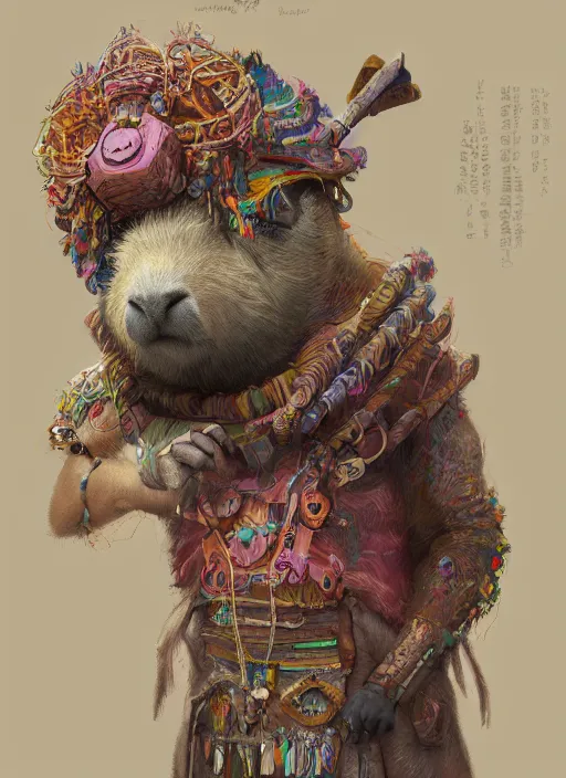 Prompt: detailed full body concept art illustration colorful pastel fantasy painting of a capybara merchant in full intricate clothing, ultra detailed, digital art, octane render, 4K, dystopian, micro details