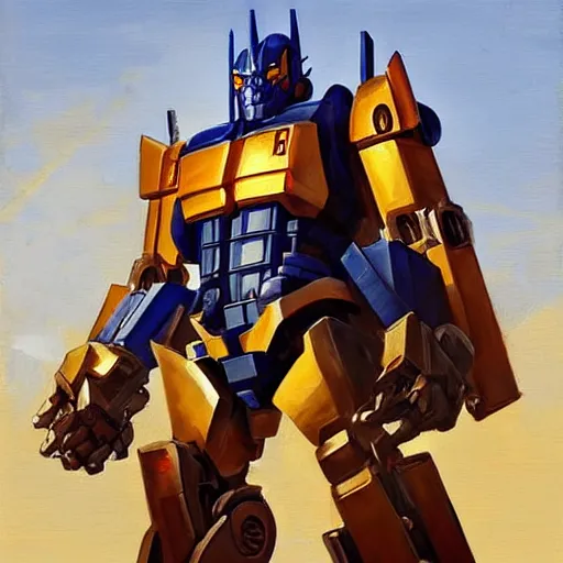 Image similar to greg manchess portrait painting of optimus prime as overwatch character, medium shot, asymmetrical, profile picture, organic painting, sunny day, matte painting, bold shapes, hard edges, street art, trending on artstation, by huang guangjian and gil elvgren and sachin teng