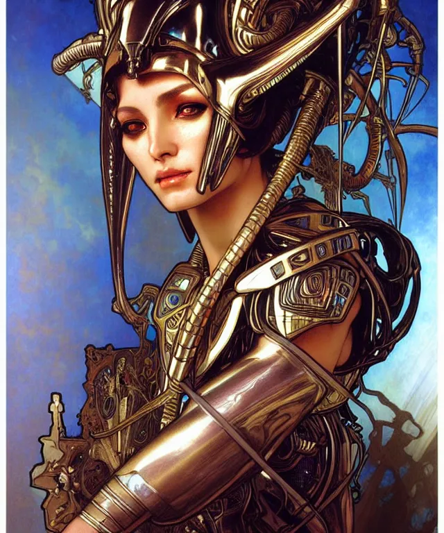 Prompt: realistic detailed face portrait of a beautiful futuristic egyptian warrior queen in alien cyberpunk armor by alphonse mucha, ayami kojima, amano, greg hildebrandt, and mark brooks, female, feminine, art nouveau, egyptian cyberpunk, stargate, neo - gothic, gothic, character concept design