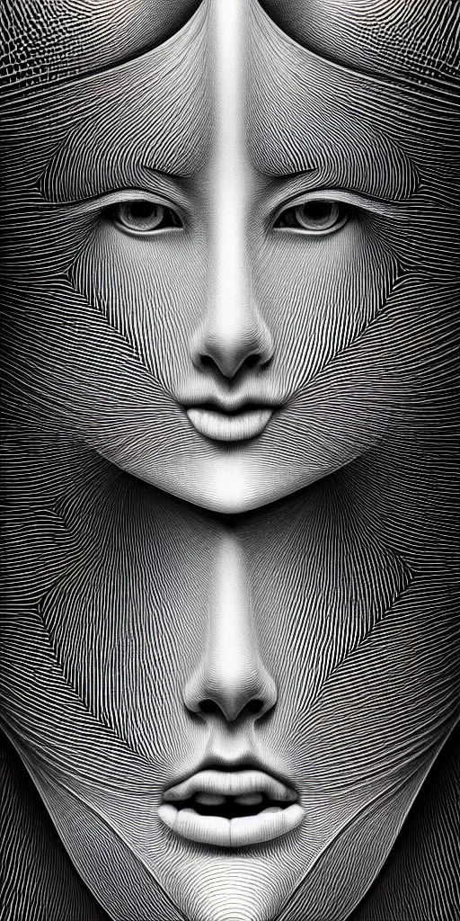 Prompt: hyper detailed ultra sharp of a beautiful fractal face. trending on artstation, golden, delicate, facing camera, hyper realism, 1 4 5 0, engraving, ultra realistic, 8 k