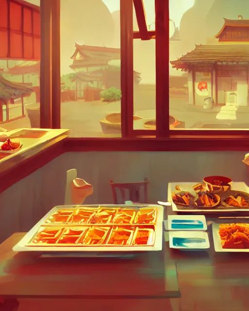 Image similar to chinese buffet in a homely little restaurant, cory loftis, james gilleard, atey ghailan, makoto shinkai, goro fujita, studio ghibli, rim light, exquisite lighting, clear focus, very coherent, plain background, soft painting