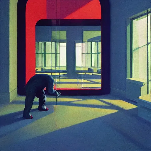Image similar to Inside a mirror room, very coherent, painted by Edward Hopper, Wayne Barlowe, painted by James Gilleard, airbrush, art by JamesJean