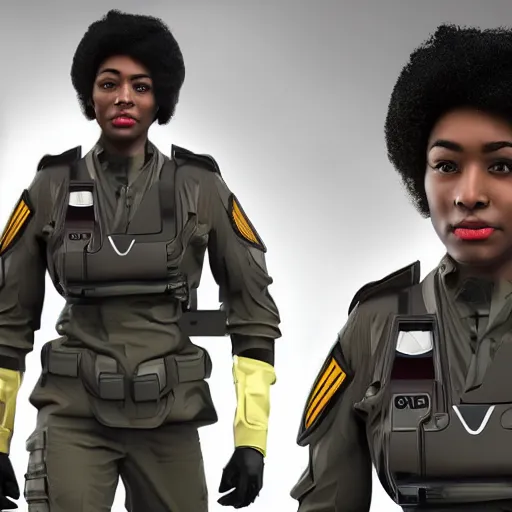 Image similar to a futuristic female soldier with brown skin and short hair in a spaceship