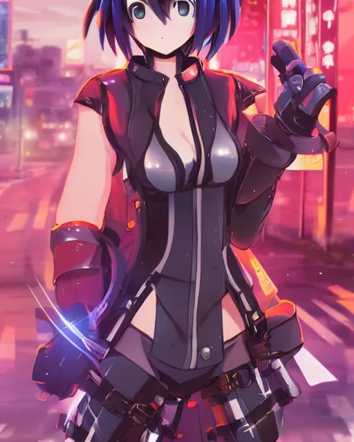 Image similar to full body image of anime girl in mechanic armor in night tokyo by makoto sinkai, perfect face, fine details