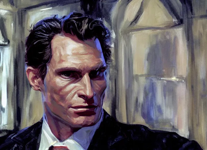 Prompt: a highly detailed unsettling portrait of american psycho patrick bateman, by gregory manchess, james gurney, james jean