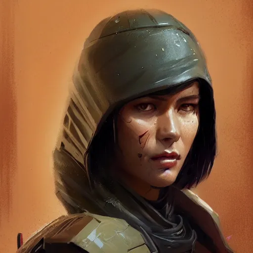 Image similar to portrait of a woman by greg rutkowski, marla fett, samoan features, straight black hair, tall and slender, star wars expanded universe, she is about 2 0 years old, wearing tactical gear, digital painting, artstation, concept art, smooth, sharp foccus ilustration, artstation hq