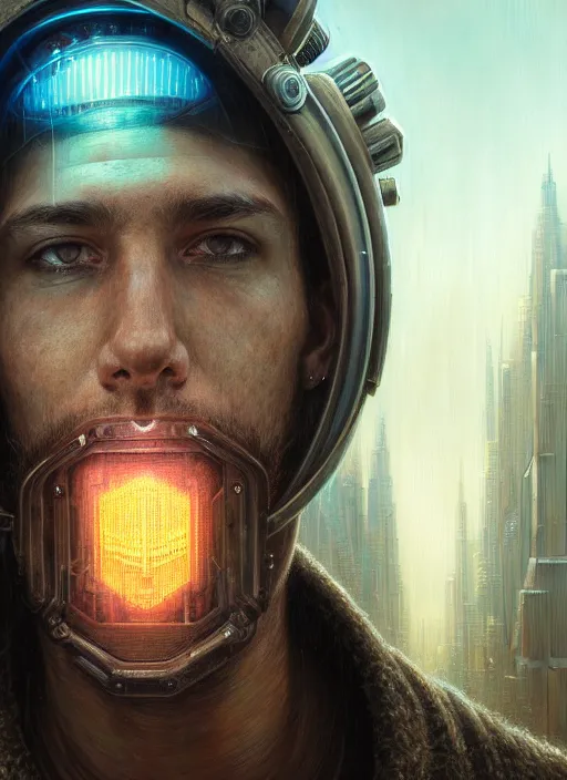 Image similar to closeup portrait shot of a cyberpunk male in a scenic dystopian environment, intricate, elegant, highly detailed, centered, digital painting, artstation, concept art, smooth, sharp focus, illustration, artgerm, tomasz alen kopera, peter mohrbacher, donato giancola, joseph christian leyendecker, wlop, boris vallejo