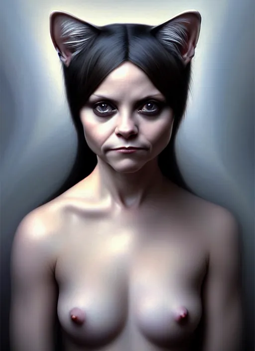 Prompt: potrait of christina ricci as an cat, aesthetic, fine art, intricate, elegant, highly detailed, realistic hair, centered, digital painting, art station, conceptual art, soft, sharp focus, illustration, artwork, artgerm, tomasz alen kopera, peter mohrbacher, donato giancola, wlop, boris vallejo