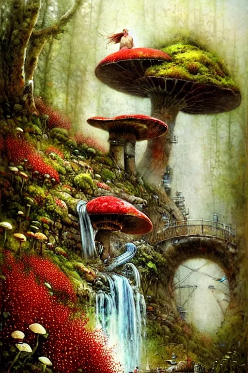 Prompt: adventurer ( ( ( ( ( 1 9 5 0 s retro future steam turbine and mill in forrest of giant mushrooms, moss and flowers stone bridge waterfall. muted colors. ) ) ) ) ) by jean baptiste monge!!!!!!!!!!!!!!!!!!!!!!!!! chrome red