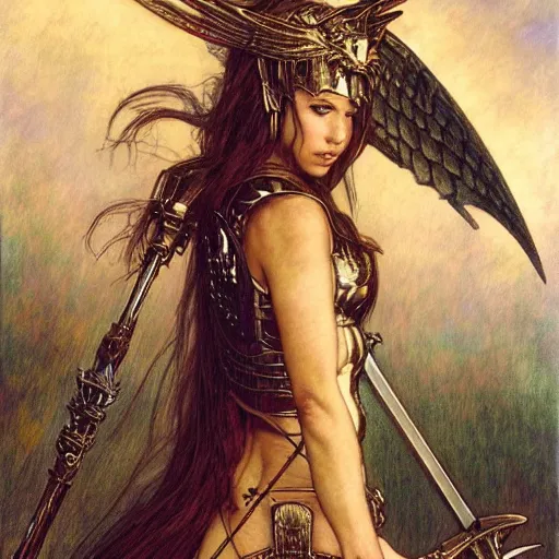 Image similar to quarter length portrait of a winged, armored female valkyrie with a flaming sword, d & d, fantasy, luis royo, magali villeneuve, donato giancola, wlop, krenz cushart, hans zatka, klimt, alphonse mucha