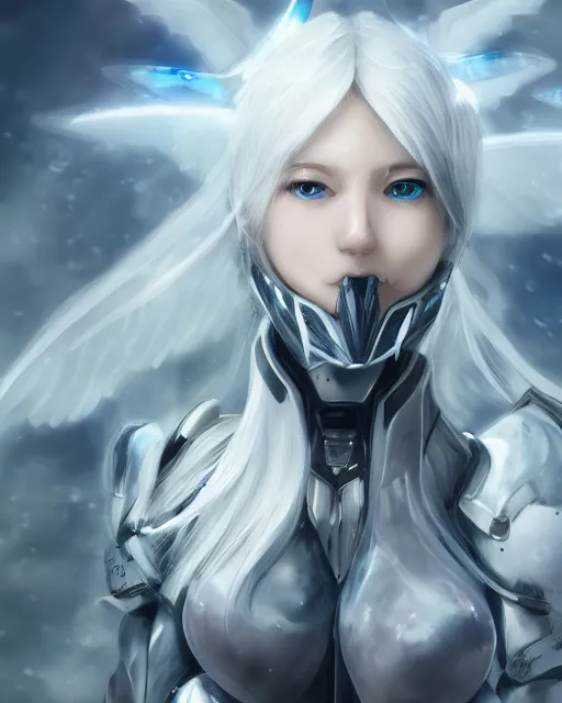 Prompt: perfect white haired girl, warframe armor, beautiful, dreamy, half asian, pretty face, blue eyes, detailed, windy weather, scifi, angel wings, utopian architecture, laboratory, 4 k, ultra realistic, epic lighting, cinematic, high detail, masterpiece, art by akihito tsukushi, akasuki voidstar