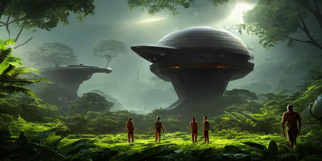 Image similar to a huge futuristic rusty old alien spaceship, next to it a smaller exploration ship on a landing pad, surrounded by a lush alen jungle, in the foreground two explorers are arguing and small animals! are walking around, dawn, volumetric light, hyperdetailed, artstation, cgsociety, 8k