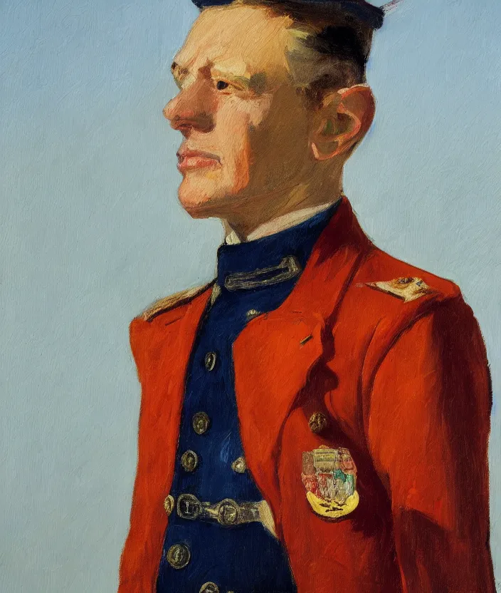 Image similar to a very detailed portrait of a man, wearing a colorful military jacket, frontal view, in the style of edward hopper and oswald hornby joseph birley, very small brushstrokes, 4 k,