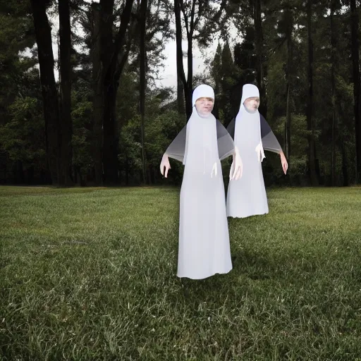 Image similar to photo of wearing pointed hats, translucent dresses, two freaky levitating twin nuns