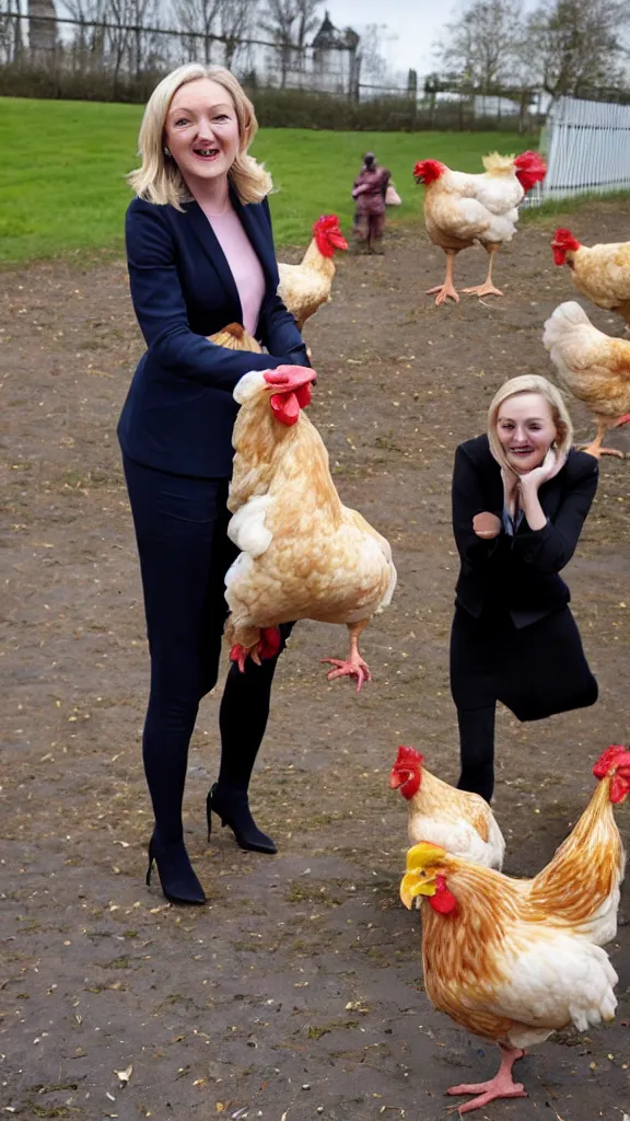 Prompt: liz truss, trussing a chicken