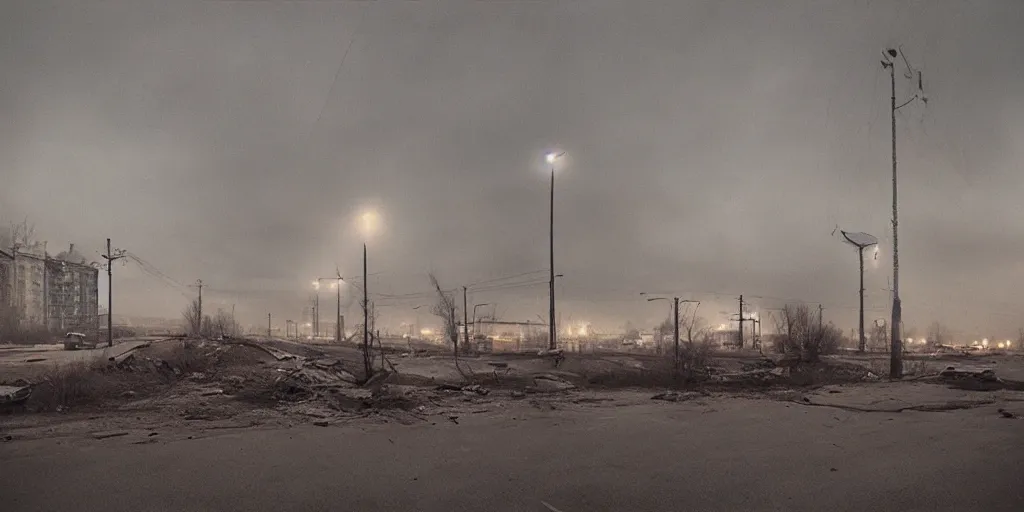 Prompt: a melancholic post-apocalyptic Moscow, Kreml, destroyed by nuclear bomb, mutants roaming in the evening light, atmosphere of silent hill, Todd Hido, Diebenkorn, Mark Rothko