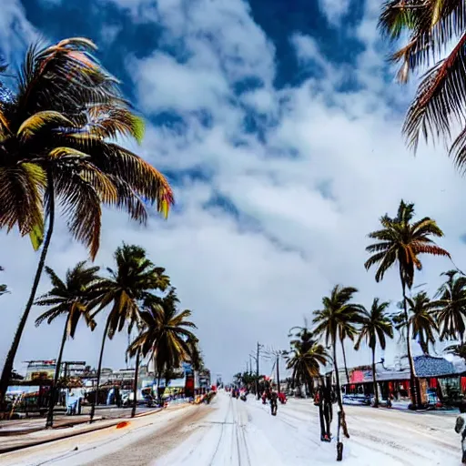 Prompt: cold winter and snow cloudy busy street of ghana accra osu stunning panoramic magazine photo coconut palm trees