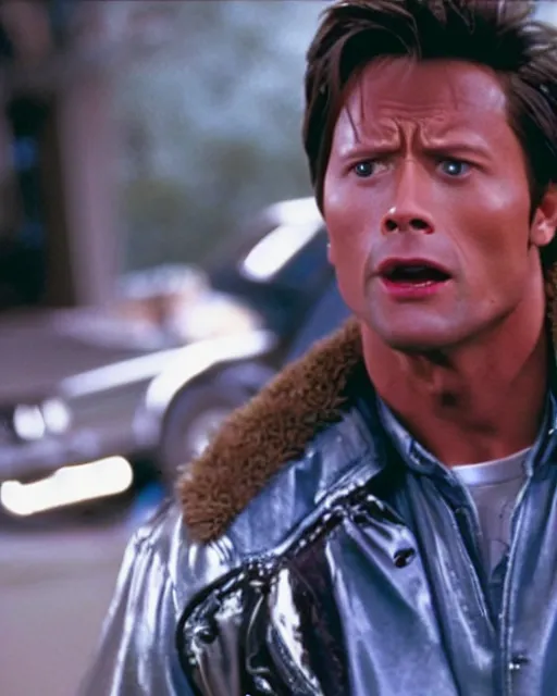 Prompt: film still close - up shot of dwayne johnson as marty mcfly from the movie back to the future. photographic, photography