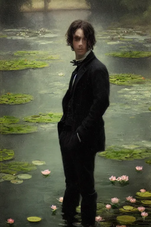 Prompt: detailed cinematic moody colors studio portrait of a young victorian gentleman in a beautiful victorian water pond, water lilies, high quality by jeremy mann, only one head single portrait