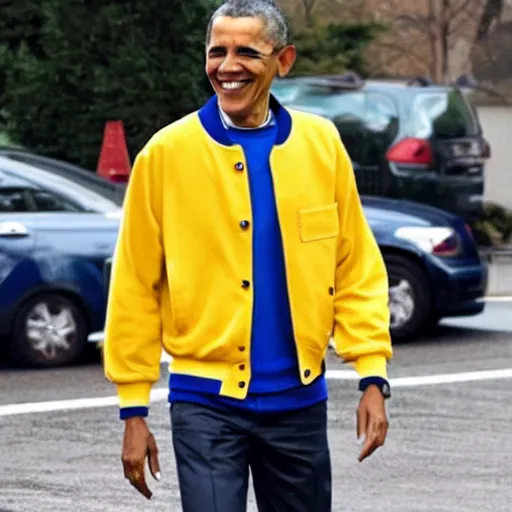 Image similar to realistic photo of casual barack obama wearing a royal blue varsity jacket with yellow sleeves