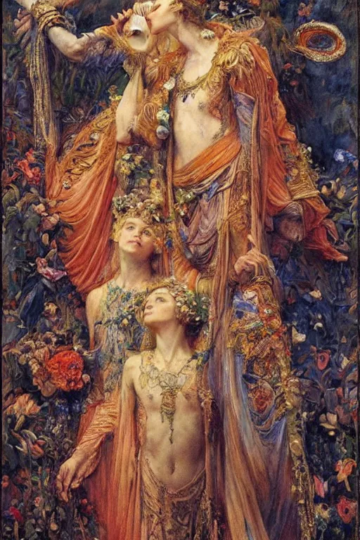 Prompt: coronation of the flower prince, by Annie Swynnerton and Gaston Bussière, embroidered brocade, tattoos, elaborate costume, geometric ornament, symbolist, rich colors, dramatic lighting, smooth, sharp focus, extremely detailed