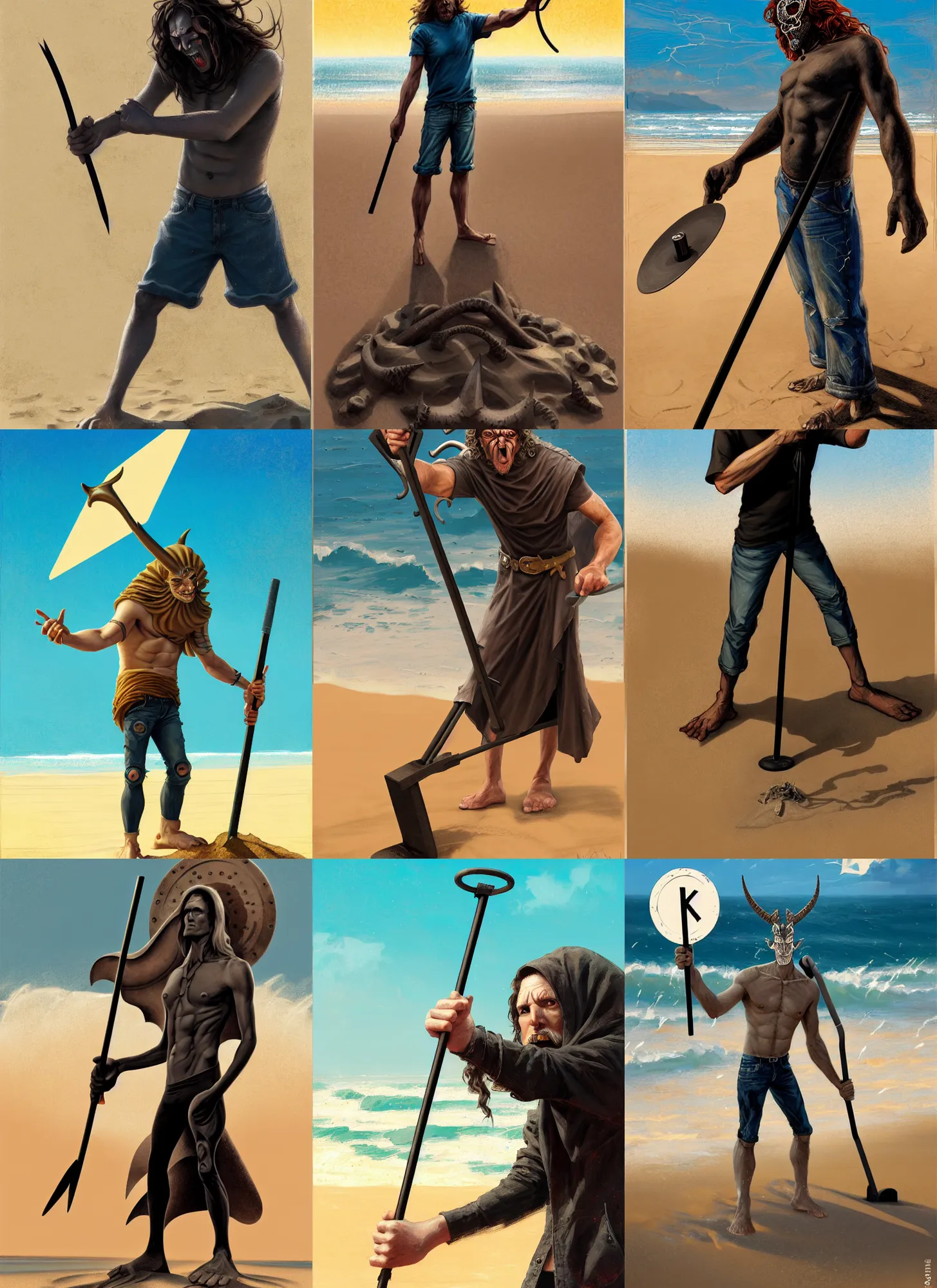 Prompt: metalhead man with a metal detector finding a hand sticking out of the sand of a beach with the signs of the horns hand gesture, pixar style, shaded lighting poster by magali villeneuve, artgerm, jeremy lipkin and michael garmash, rob rey and kentaro miura style, trending on art station