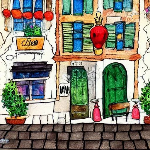 Prompt: beautiful cute cozy very little cafe on a cobblestone street, cute cartoon, low detail, white background, watercolor, 4 colors!!!
