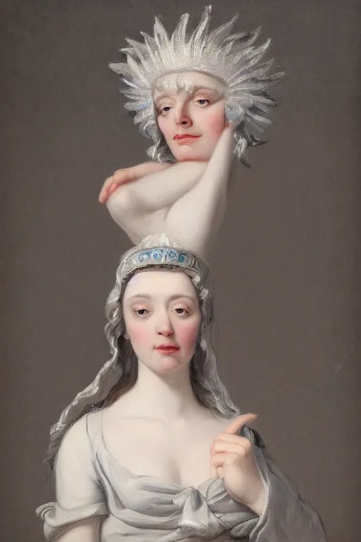 Prompt: Portrait of a frigid Ice Queen, in the style of Hyacinthe Rigaud, Jacques-Louis David and Artstation