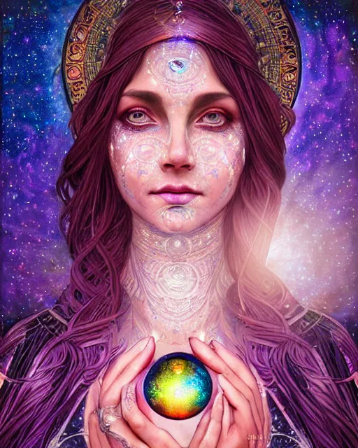 Prompt: portrait of an ethereal gypsy woman with detailed eyes, crystal ball, glowing face, in space with a half moon, photorealistic, colorful dress, in the style of ilya kuvshinov, donato giancola, holographic undertones, art nouveau zodiac galaxy background, intricate, flowing dress, smooth, sharp focus, dramatic lighting, illustration, hdr, artgerm