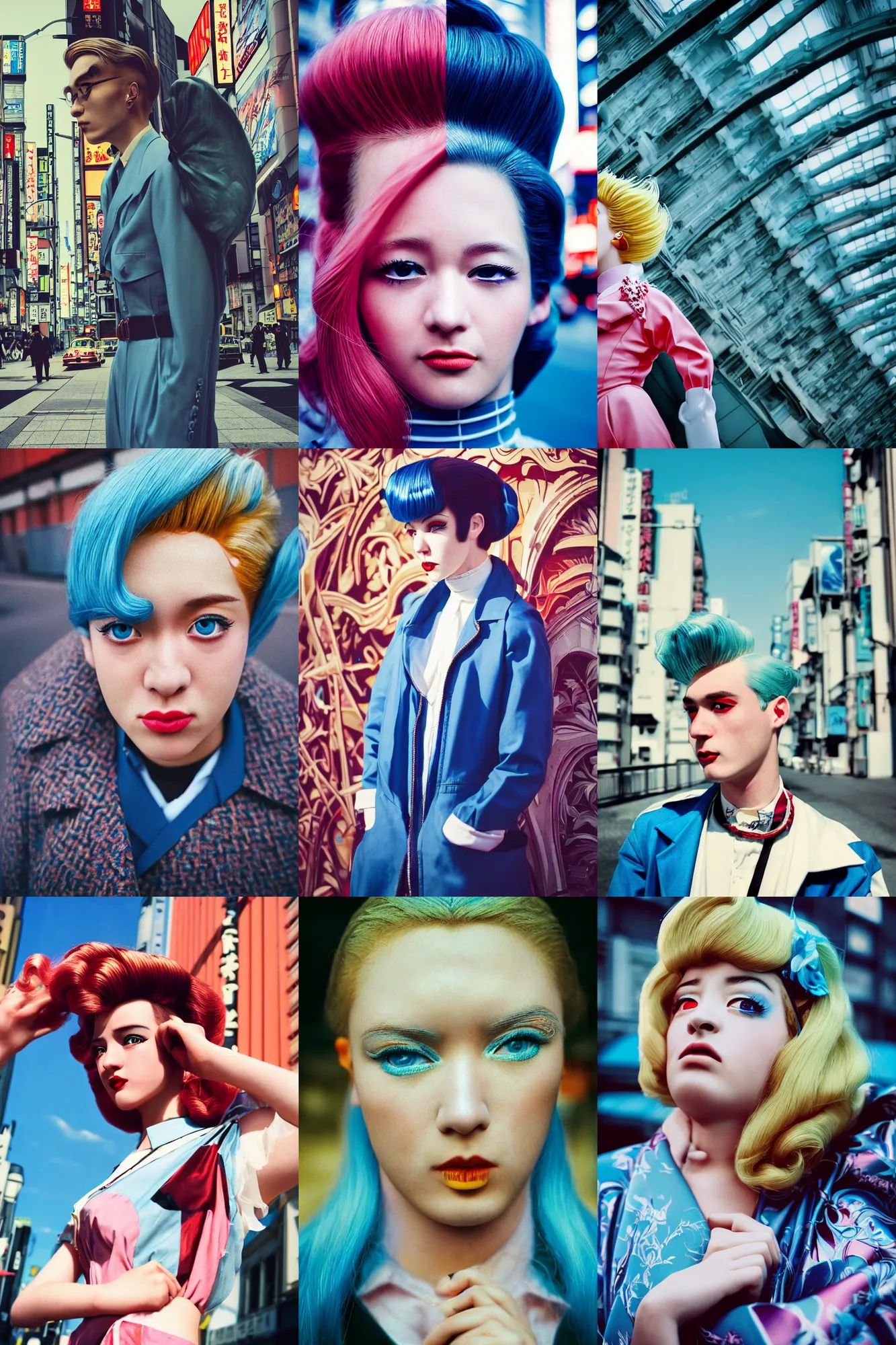 Prompt: Kodak Portra 400,8K,highly detailed: beautiful three point perspective extreme closeup portrait photo in style of chiaroscuro style 1950s frontiers in cosplay art nouveau tokyo seinen manga street photography hommes fashion edition, tilt shift zaha hadid style anime tokyo background, highly detailed, focus on model;vaporwave ;blonde hair;blue eyes;negao;tendu pose, negao, neon backlit