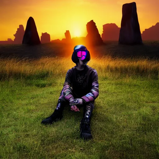 Image similar to young explorer wearing a cyberpunk headpiece, cyberpunk clothes, full body, sitting in a field, monolith ruins in background, sunset, sharp focus, volumetric lighting, highly detailed, by Max Prentis 8k wallpaper