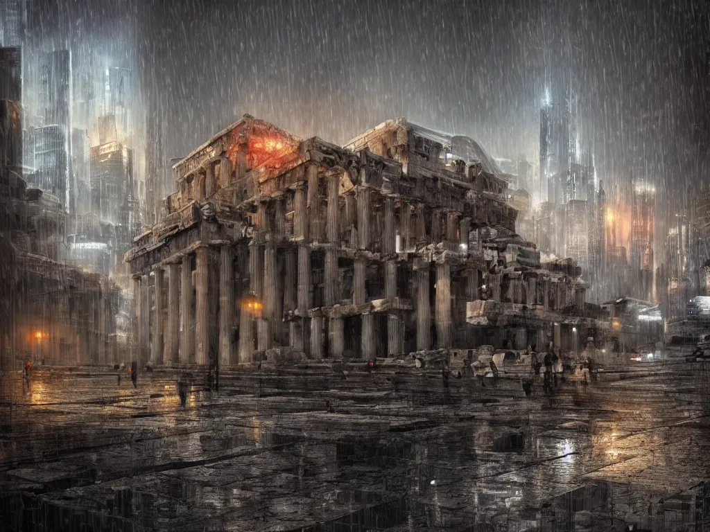 Image similar to the very beautiful matte photorealistic painting of greek acropolis in cyberpunk style, rain, cinematic dramatic lighting, trending on artstation