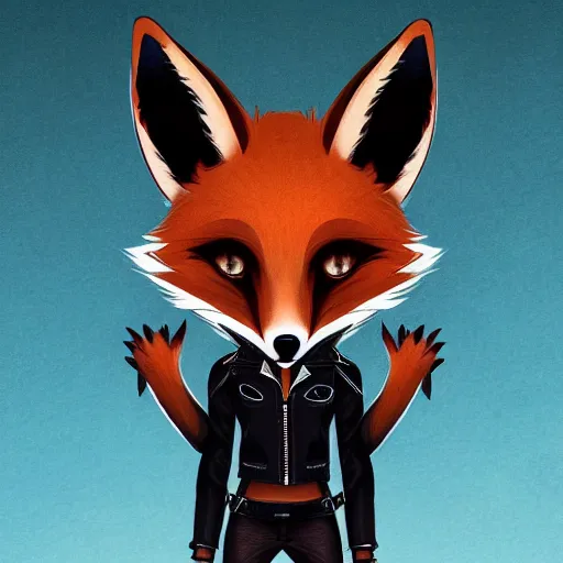 Image similar to A fox with a small head wearing a leather jacket and leather jeans and leather gloves, trending on FurAffinity, energetic, dynamic, digital art, highly detailed, FurAffinity, high quality, digital fantasy art, FurAffinity, favorite, character art