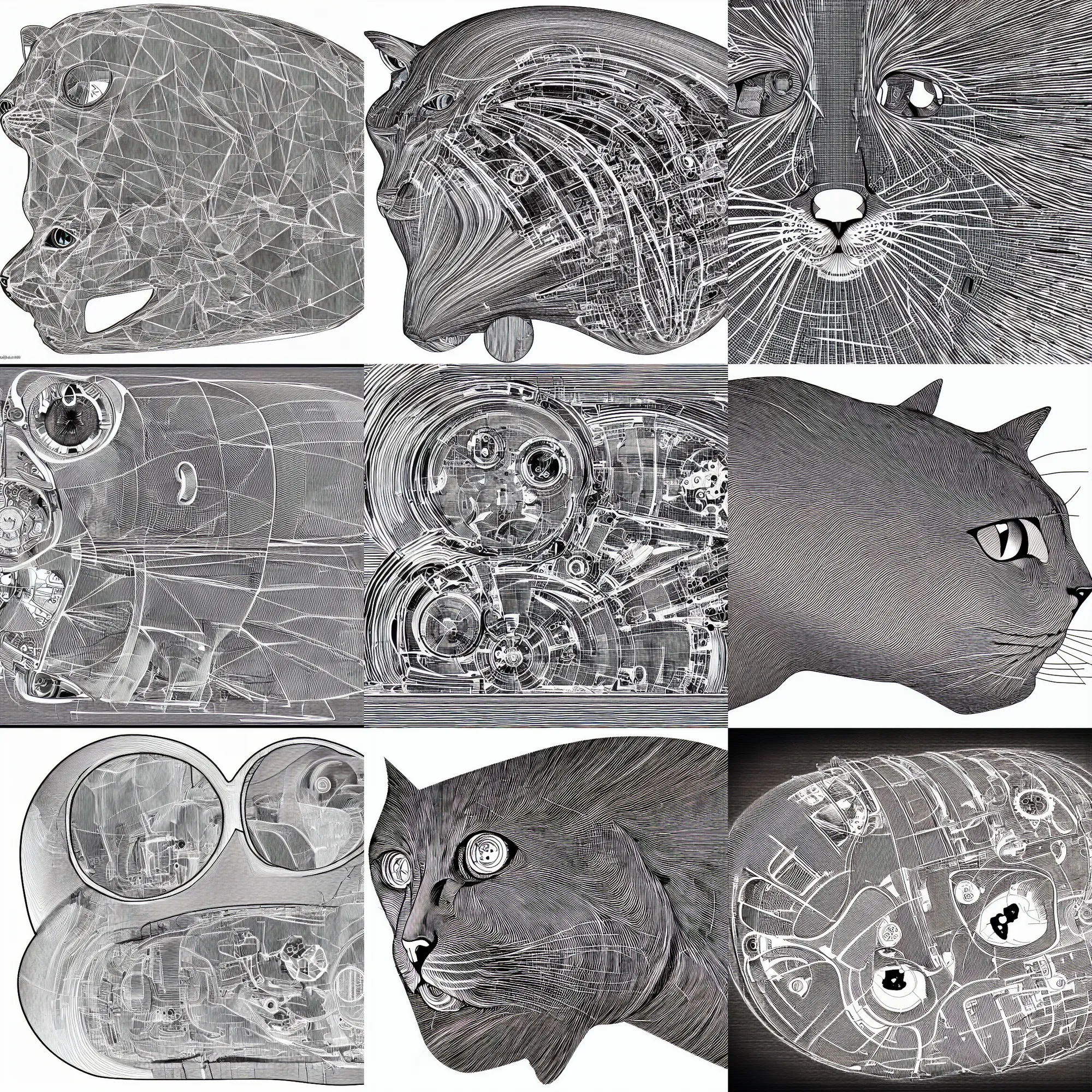 Prompt: technical detailed blueprint, inside a mechanical cat's head, desaturated, illustration, marking lines