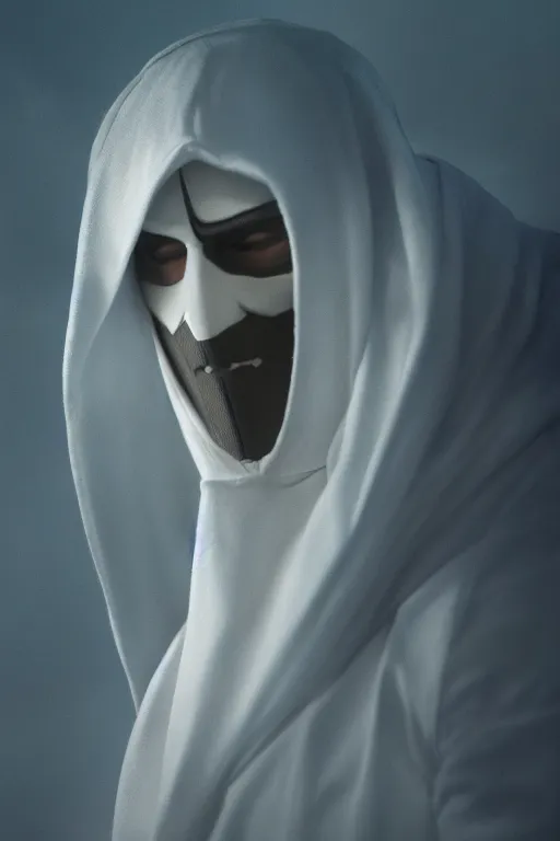 Image similar to characters portrait of Moon Knight mixed with Ghostface by Alyssa Monks, full-shot, merged character, Full body shot, cinematic opening shot, 4k, highly detailed, cinematic lighting