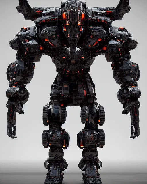 Image similar to a full body shot of an imposing cyborg ( bull ) modeled after a bull looking into the camera, android, cyborg, full body shot, intricate, 3 d, hyper realism, symmetrical, octane render, strong bokeh, fantasy, highly detailed, depth of field, digital art, artstation, red, concept art, cinematic lighting, trending